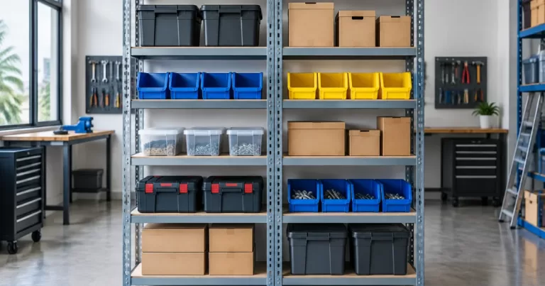 Boltless rack with adjustable shelves in a workshop storeroom