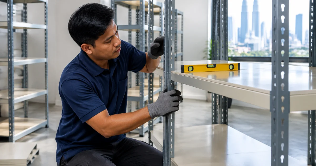 Technician assembling a boltless racking system and checking alignment