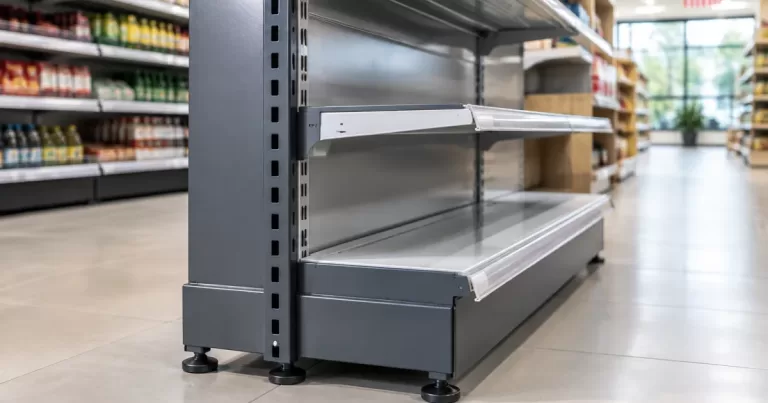 Close-up of a retail gondola display rack showing sturdy brackets and shelves