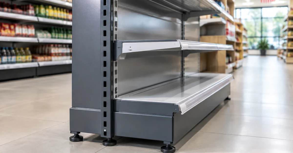 Close-up of a retail gondola display rack showing sturdy brackets and shelves