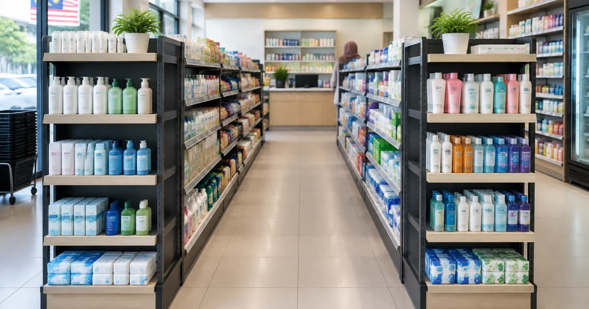 Compact retail store interior with gondola rack aisles and end-cap