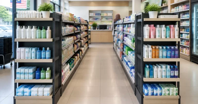 Compact retail store interior with gondola rack aisles and end-cap