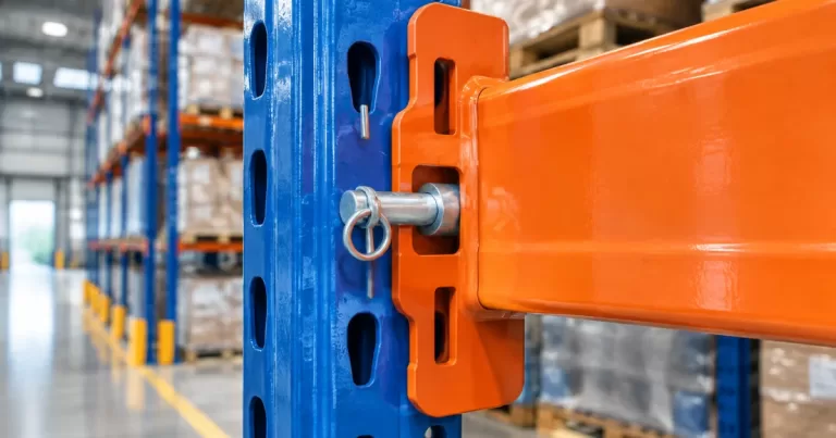 Close-up of heavy-duty rack beam connector and safety lock hardware