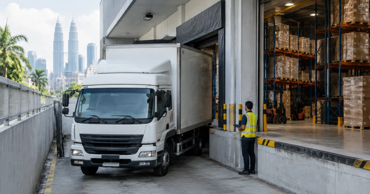 KL warehouse loading bay with limited access and pallet racking visible inside