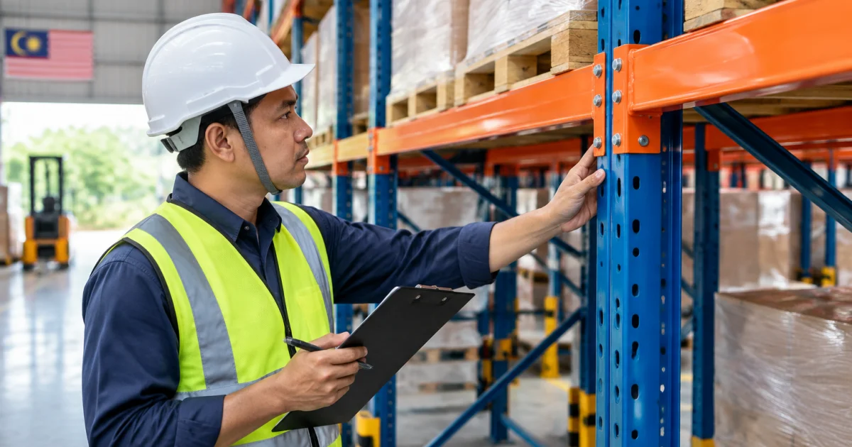 Safety inspection of an industrial shelving system in a warehouse