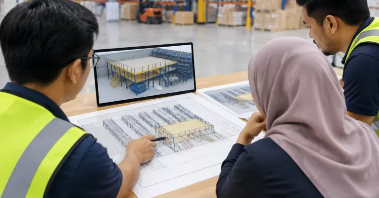 Facility team planning a mezzanine floor layout in a warehouse