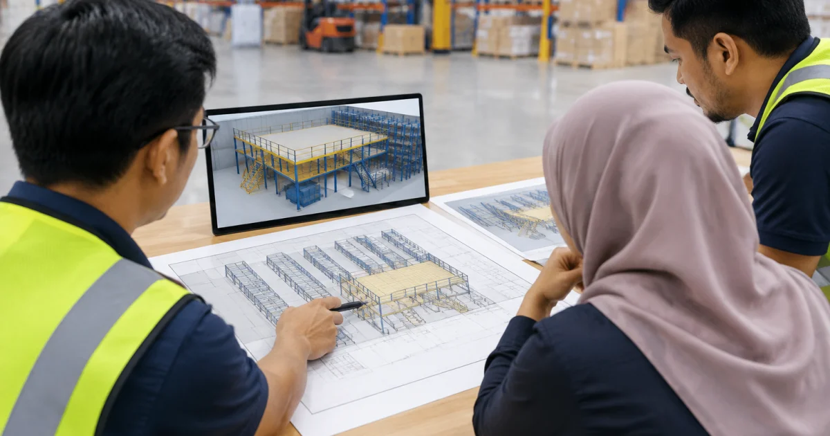 Facility team planning a mezzanine floor layout in a warehouse