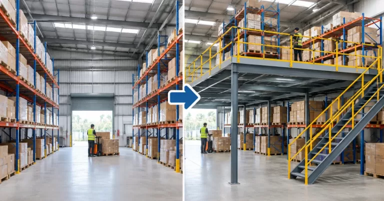 Warehouse interior with a steel mezzanine floor platform above pallet racking