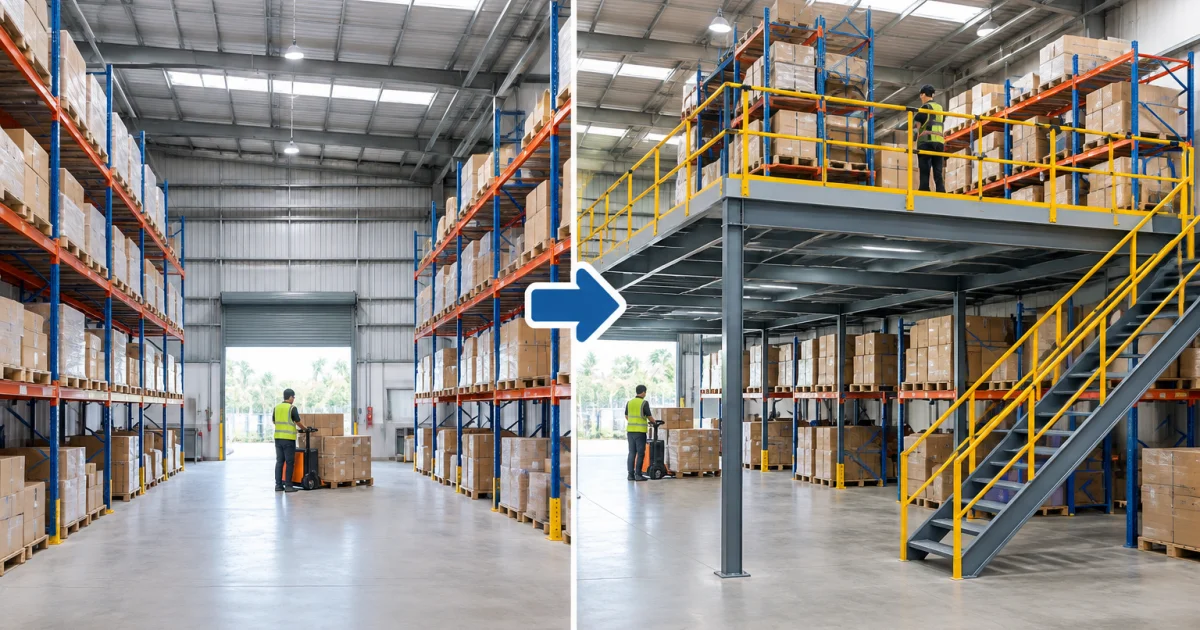 Warehouse interior with a steel mezzanine floor platform above pallet racking
