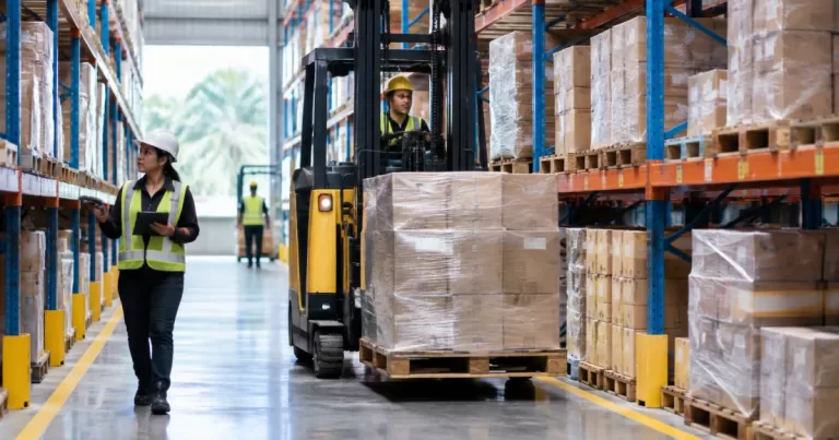 Warehouse activity in pallet racking aisles showing forklift traffic and picking