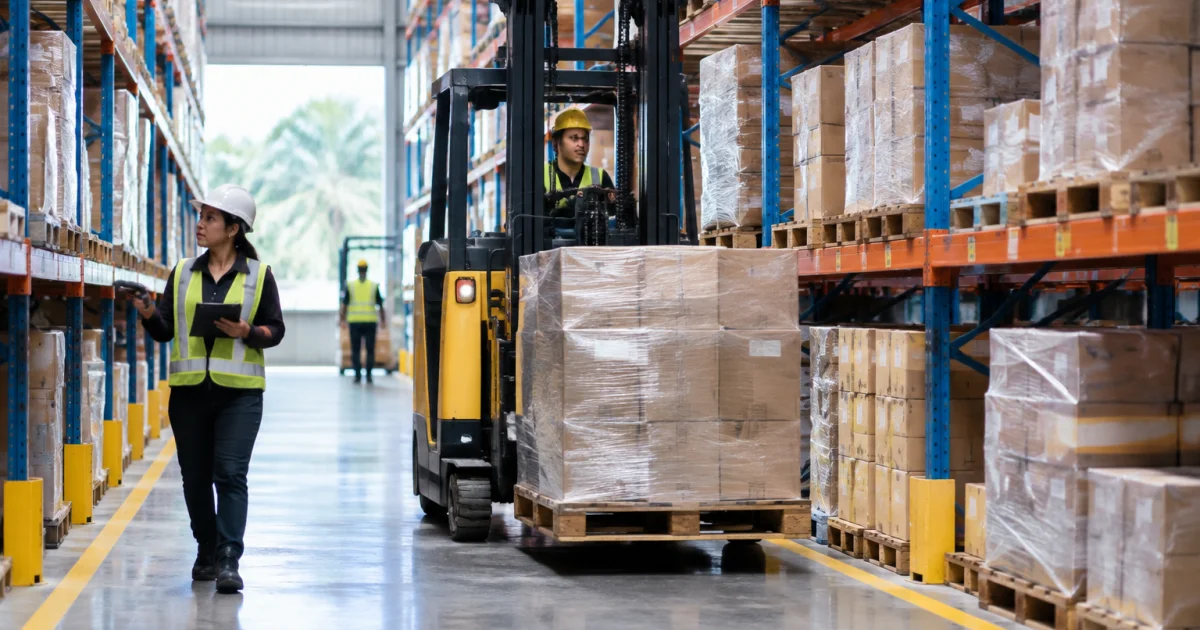 Warehouse activity in pallet racking aisles showing forklift traffic and picking