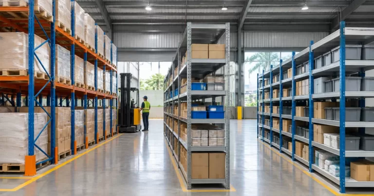 Different rack types in a warehouse: pallet racking, shelving, and boltless racks