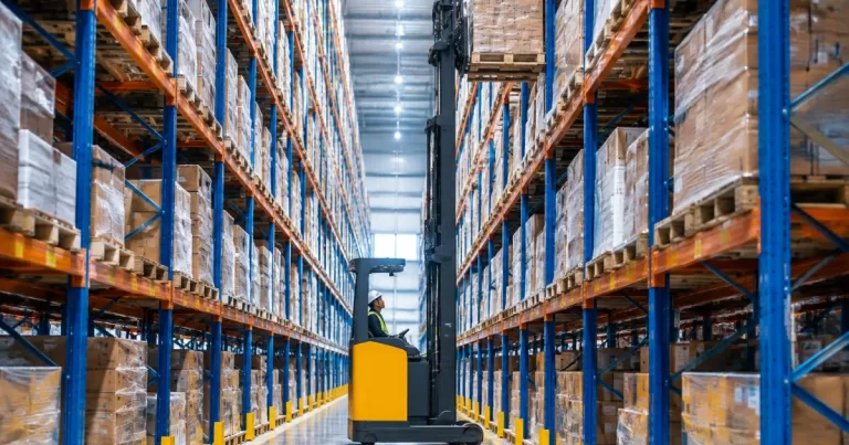 High-density warehouse racking with a reach truck in a narrow aisle