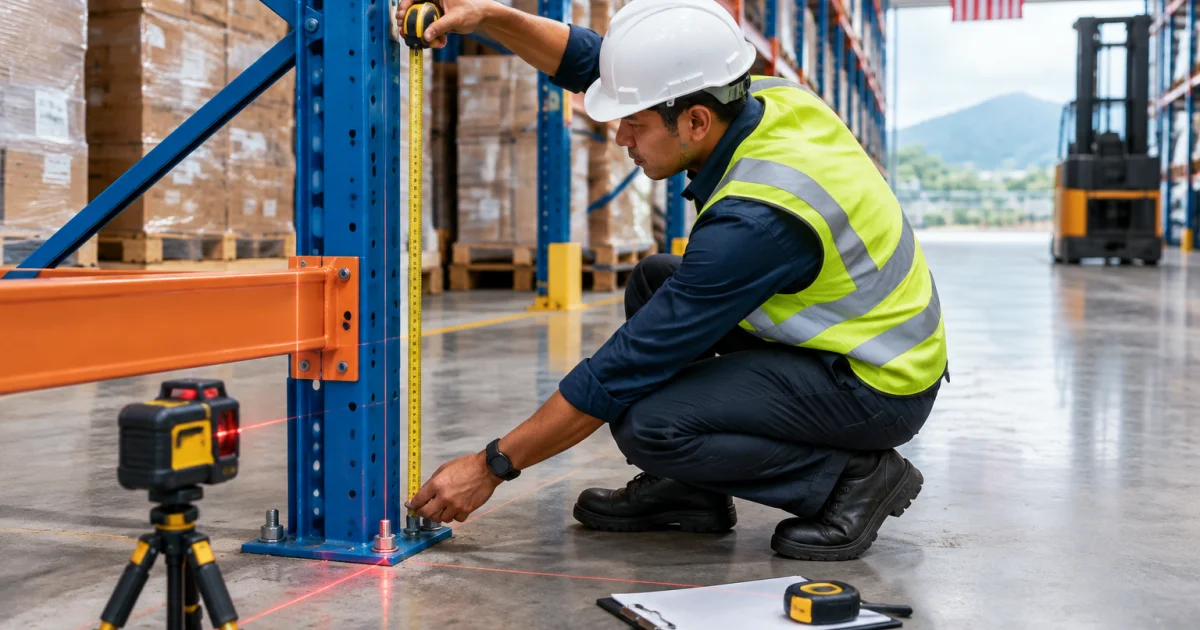Engineer inspecting racking system anchors and alignment in a warehouse