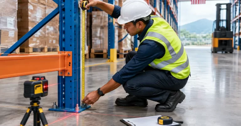 Engineer inspecting racking system anchors and alignment in a warehouse
