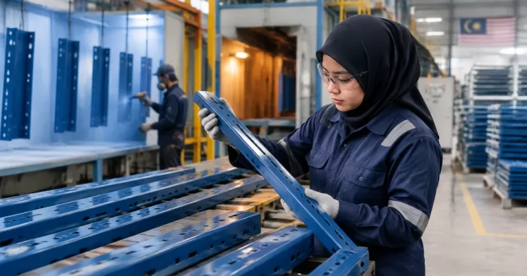 QC inspection of powder-coated rack components at a Malaysian manufacturing facility