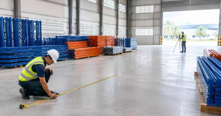 Technician measuring a warehouse bay before racking installation in Selangor