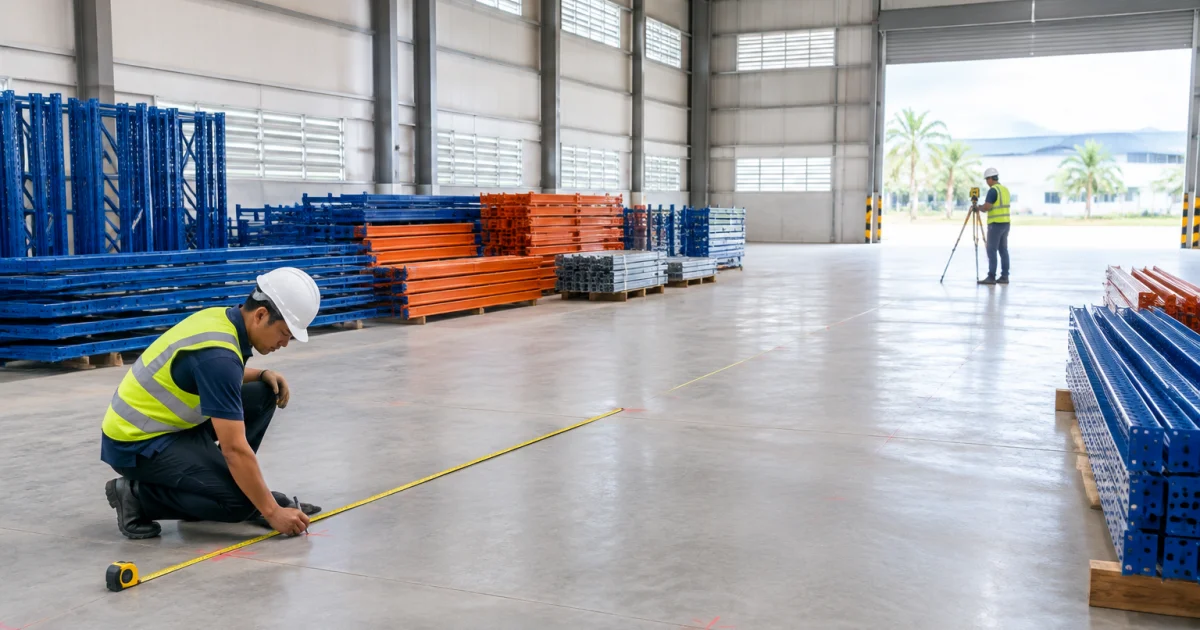 Technician measuring a warehouse bay before racking installation in Selangor