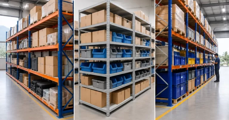 Comparison view of longspan, boltless, and industrial shelving racks in Malaysia