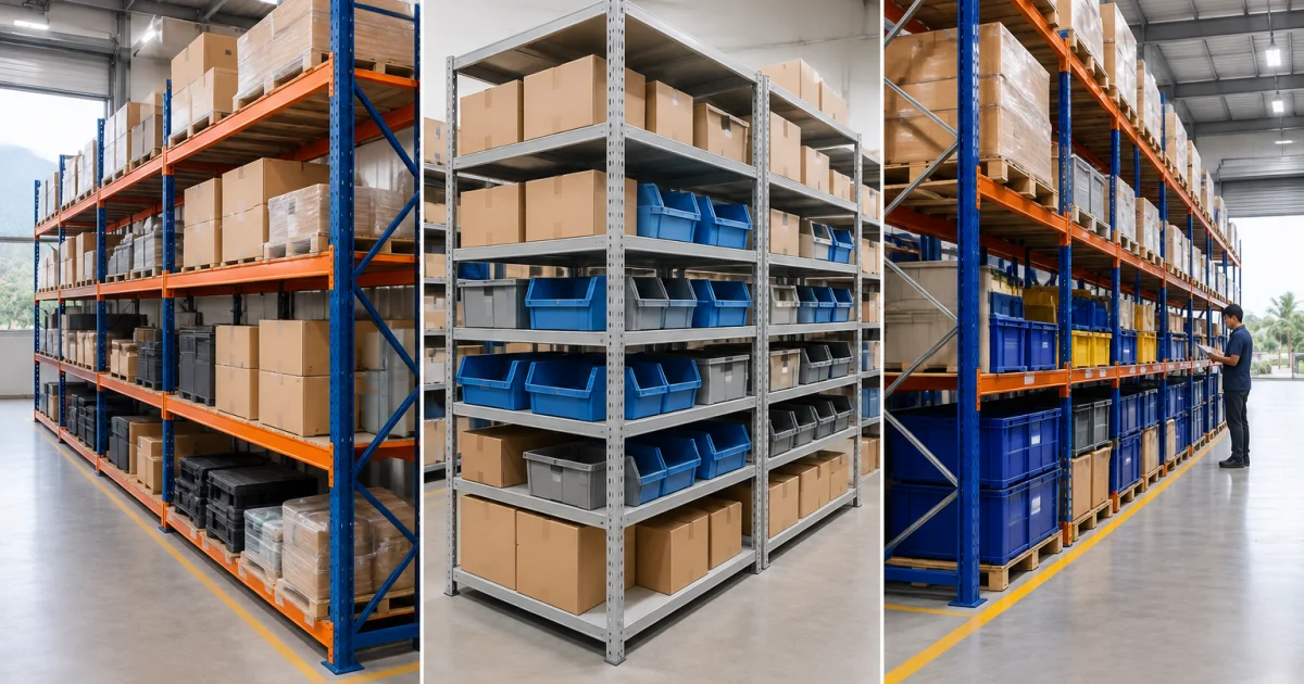 Comparison view of longspan, boltless, and industrial shelving racks in Malaysia