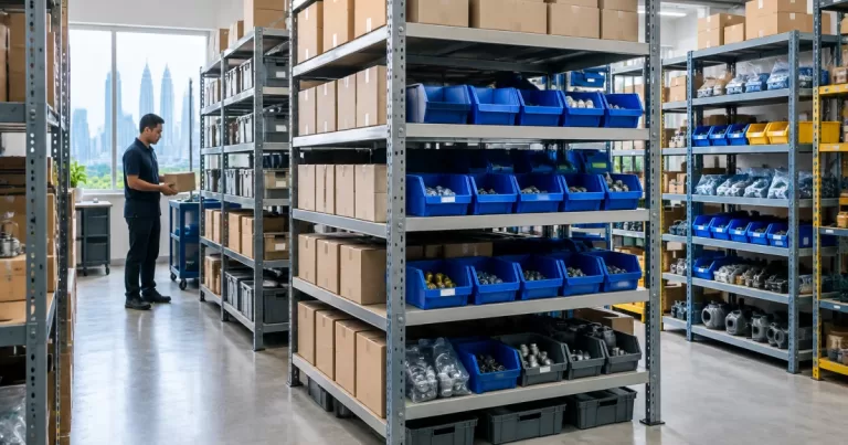 Modular metal shelving racks in a Selangor storeroom with cartons and bins