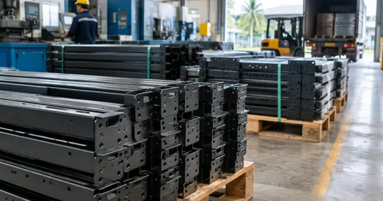 Steel storage rack components staged on pallets at a manufacturing facility