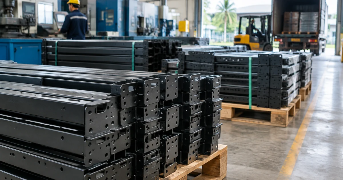 Steel storage rack components staged on pallets at a manufacturing facility