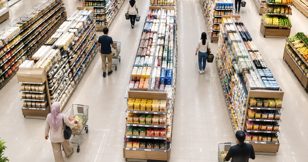 Supermarket aisles with gondola racks and clear customer flow paths