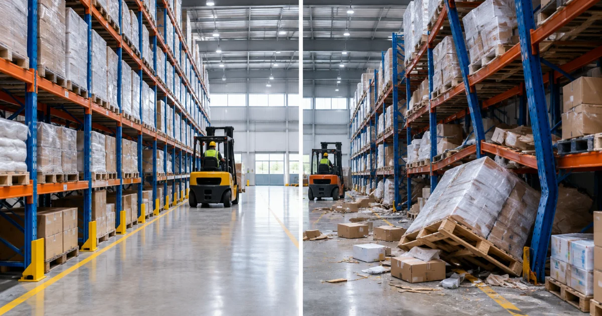 Contrasting warehouse racking aisles showing safe organized storage versus damaged racking causing disruption.